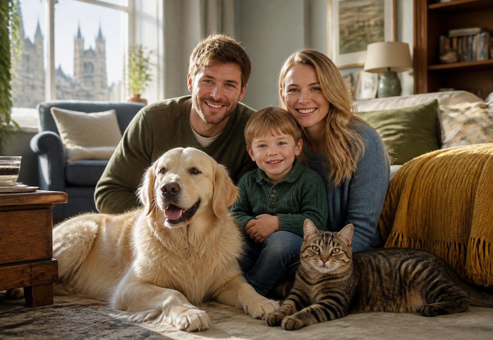 Happy Lincoln family with a golden retriever and a tabby cat
